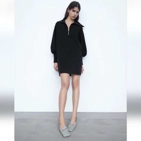 Zara Dresses & Skirts - ZARA Black Mini Knit Jumper Dress with Gold Accent Zip Size Medium